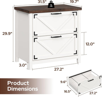 2 Drawer File Cabinet with Lock, Wood Filing Cabinets Storage Cabinet for Hanging Files Letter/Legal/F4/A4 Size, White