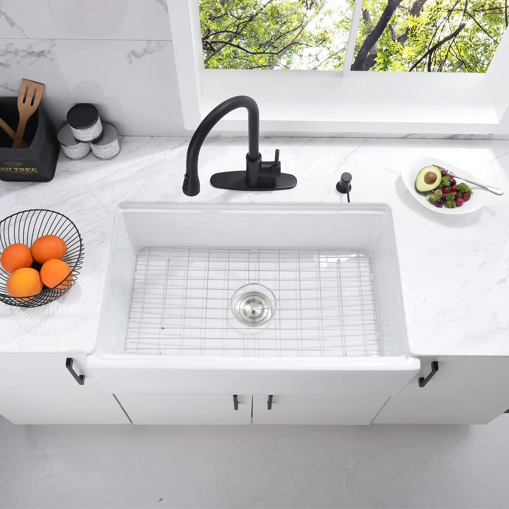 30 Inch White Farmhouse Sink, Fireclay Apron Front Kitchen Sink