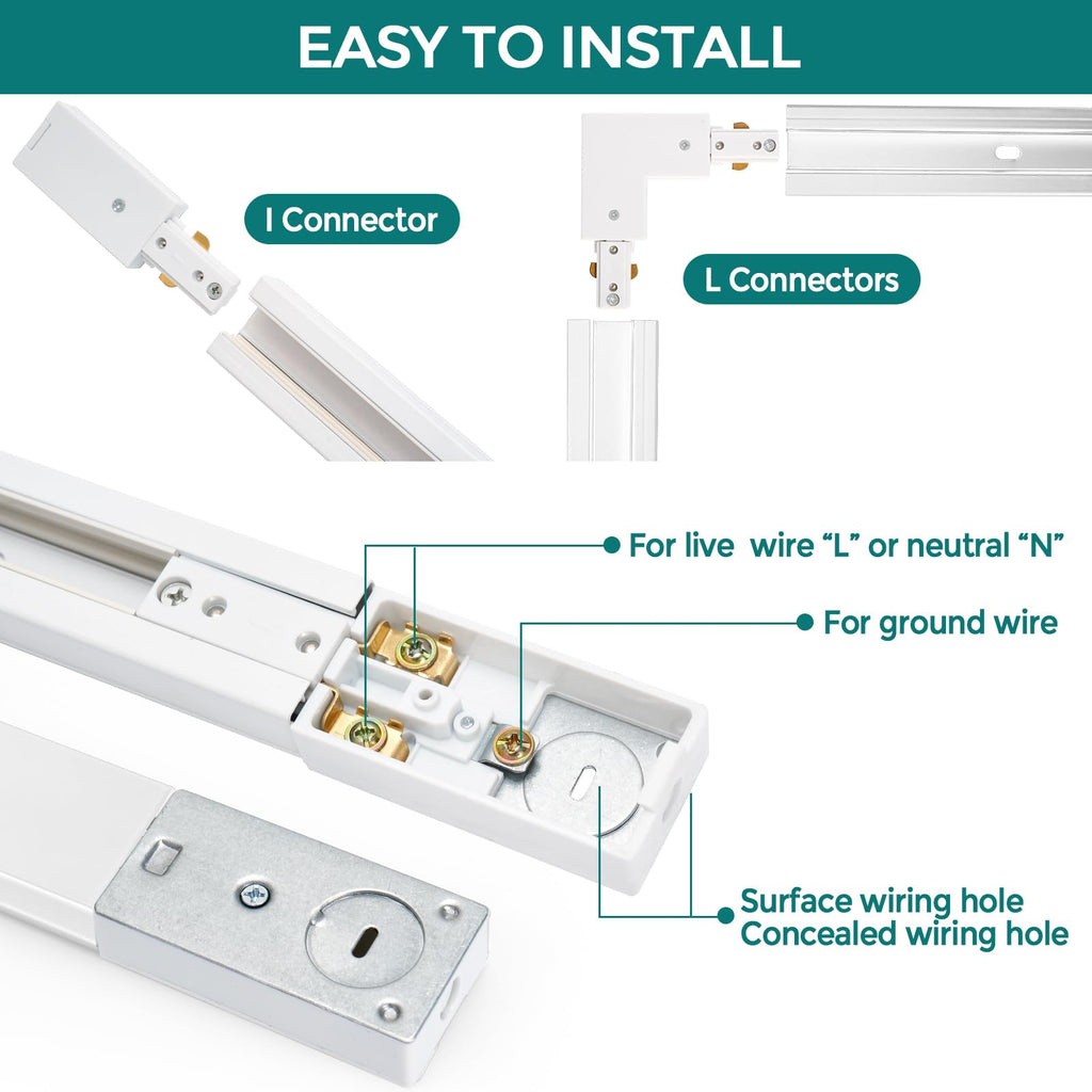 H Track Lighting Rails Kit - 20ft White Track Light Tracks 3 Wire with Floating Canopy Connector, I and L Connectors