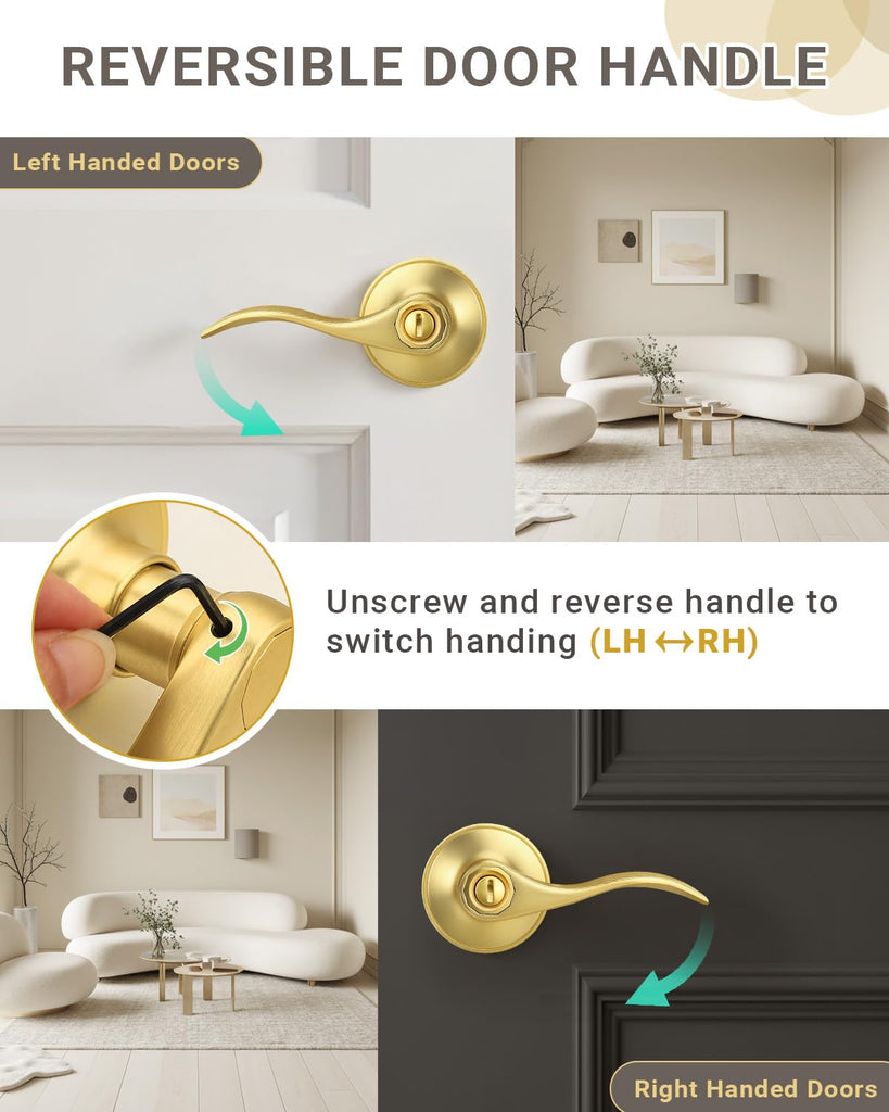 1 Pack Gold Door Handle Interior Privacy Doorknob Bedroom Door Handle with Lock, Reversible for Left and Right