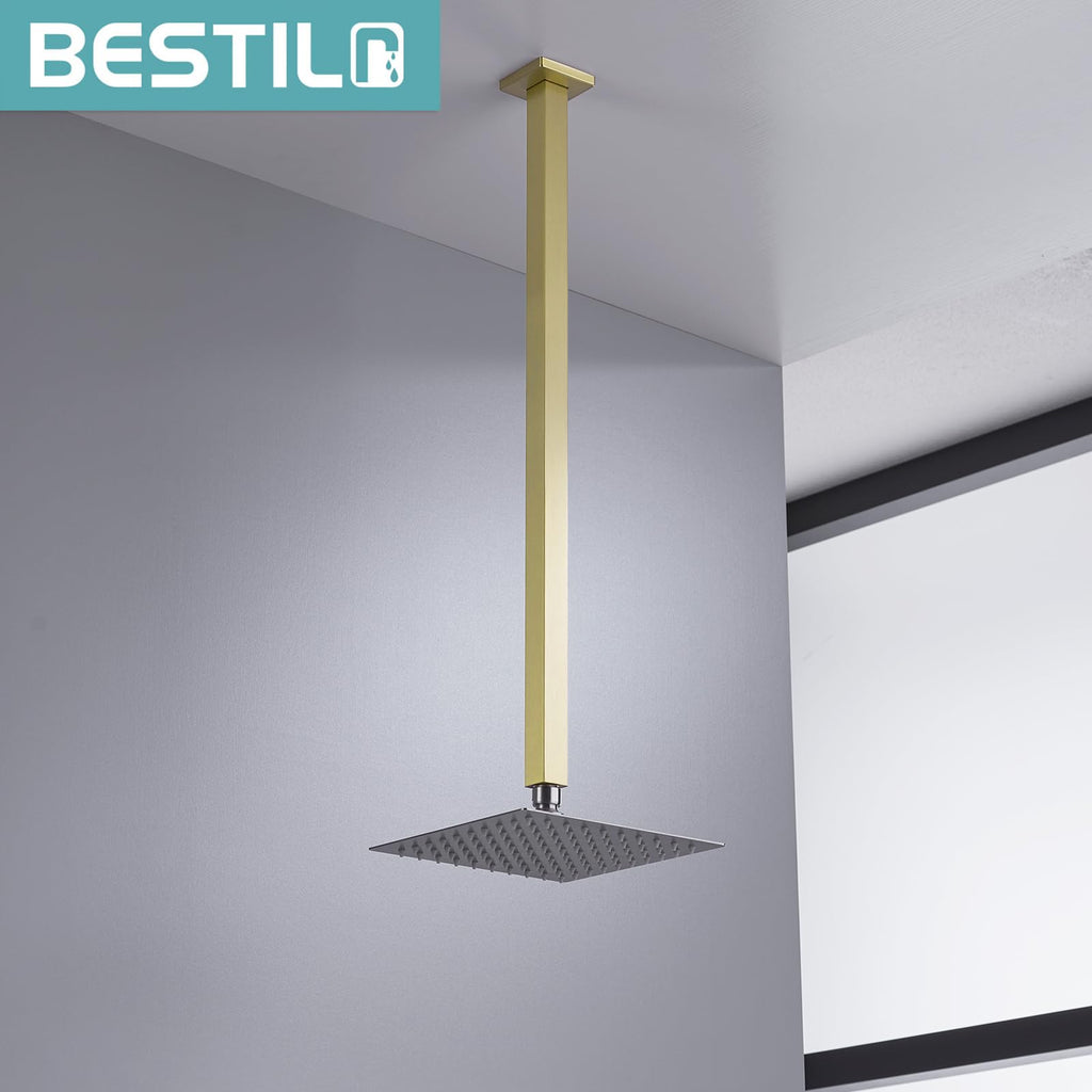 24 Inch Brushed Gold Ceiling Mount Shower Arm and Flange, Square Rain Shower Arm