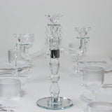 Crystal 3-Arm Candelabra Taper Candle Holder with Hanging Prisms & Round Mirror Base - Faceted Cut Glass Design - 14"
