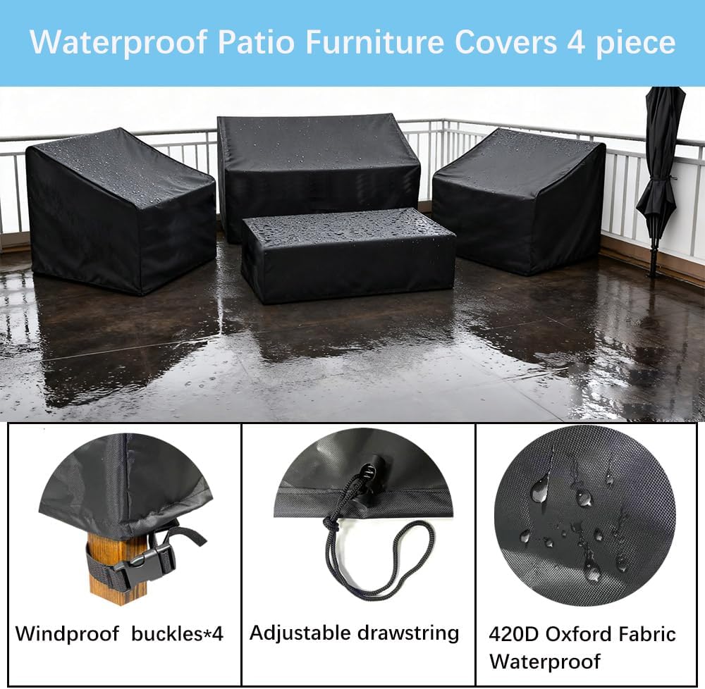 420D Patio Furniture Covers 4 Piece Set, Waterproof & UV Resistant Outdoor Furniture Covers for Loveseat, Chair &