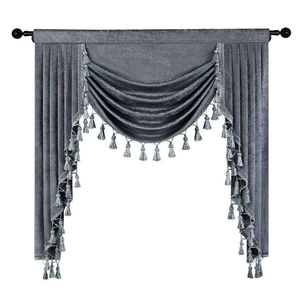 Grey Chenille Curtains Valance Window Waterfall Valance, Rod Pocket (W39 Inch, 1 Panel)