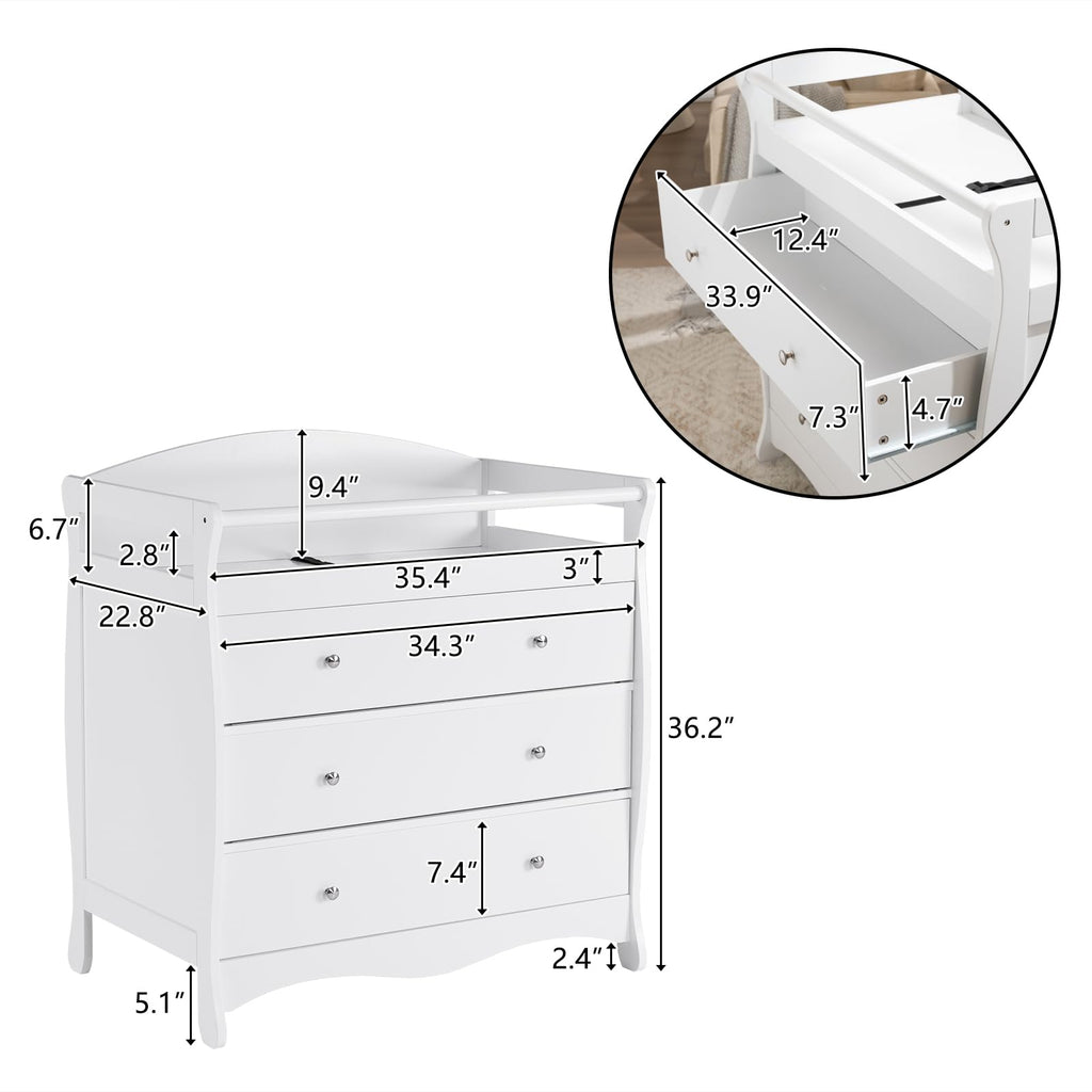 3-Drawer Changing Table, Safety Rails & Strap, Infant Diaper Changing Station with Drawers, Baby Diaper Changing