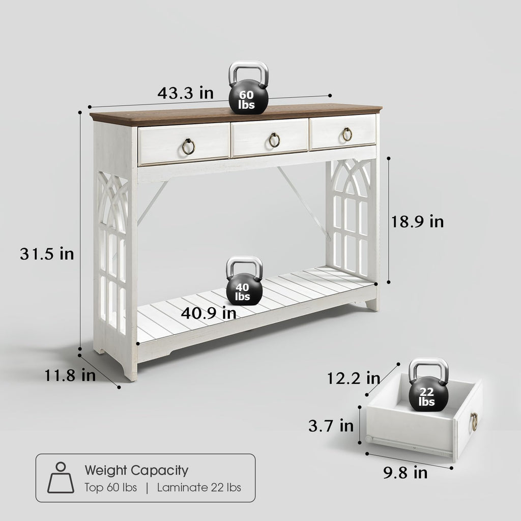 White Console Table with Drawers 43", Farmhouse