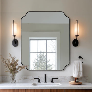 30x36 Inch Bathroom Mirror, Matte Black Vanity Mirror, Modern Scalloped Mirror in Premium Stainless Steel Metal Thin