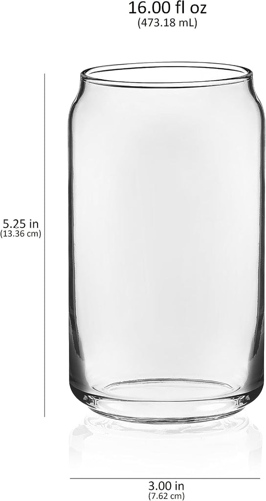 Classic Can Shaped Drinking Glasses Set of 4, Clear Kitchen Glass Tumbler, 16 Oz, Dishwasher Safe Glass Cups Set for