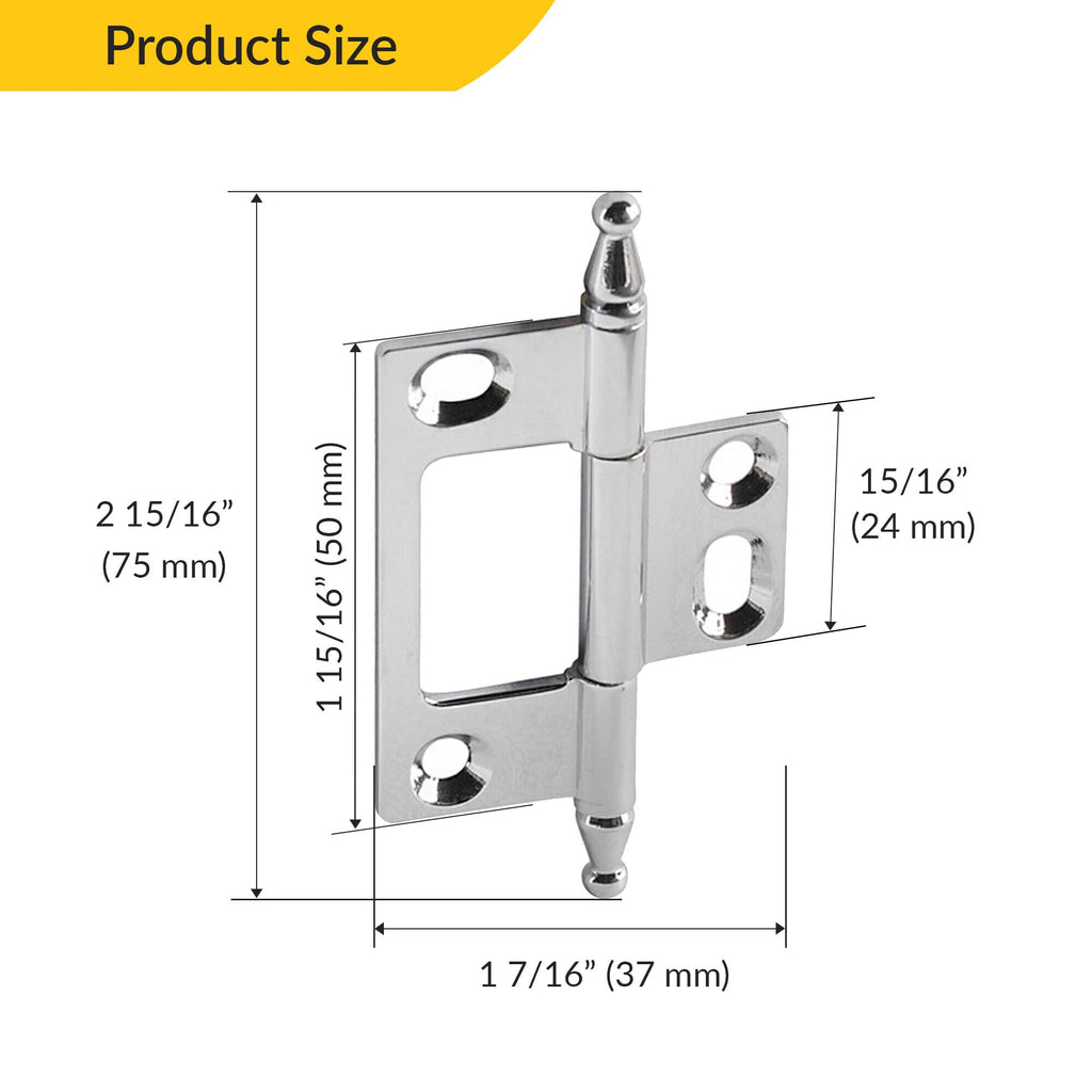 Decorative Butt Hinge, Non-Mortise, Minaret Finial Elite Solid Brass Hinge, Polished Chrome Polished, Chrome