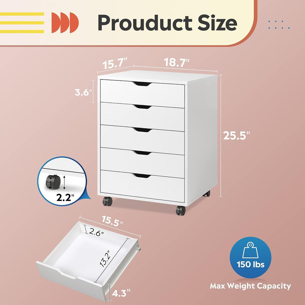 5-Drawer Filing Cabinet Under Desk, Storage file Cabinet, White | Wood Drawer Unit, Craft Storage Cabinet, Office