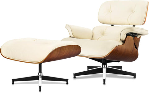 Mid-Century Modern Lounge Chair & Ottoman — Cream Bonded Grain Leather, Walnut Base, Tall Back
