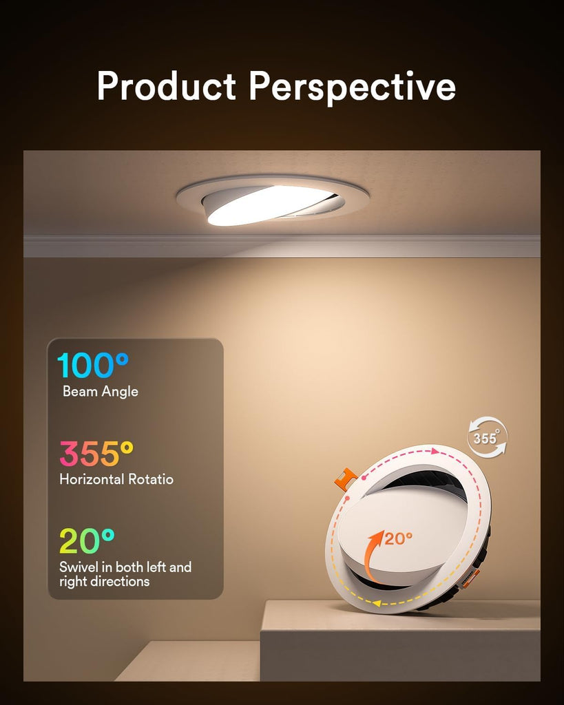 Smart Gimbal Recessed Lighting 4'', RGBWW WiFi Ceiling Can Light