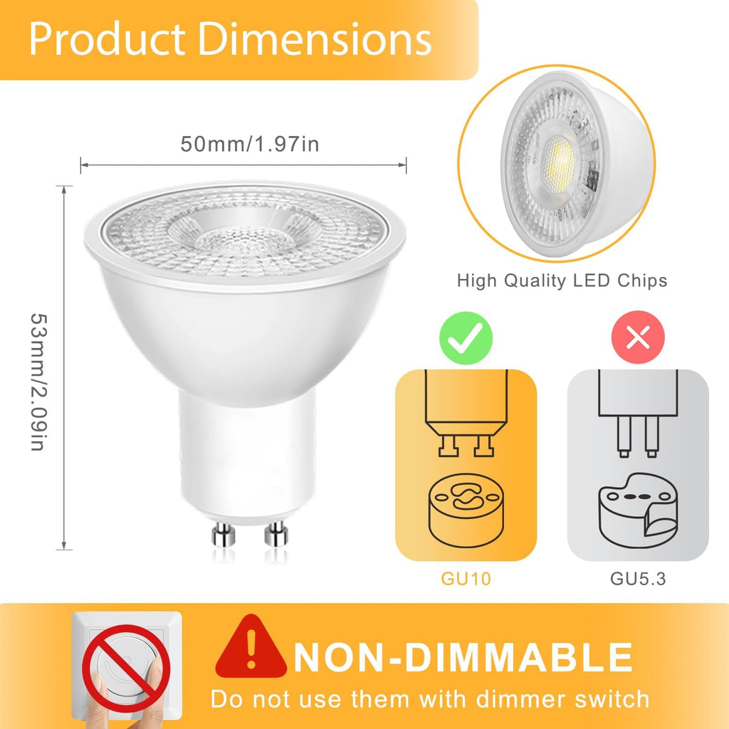 GU10 LED Bulbs 6000K Daylight White 5W, 500LM Led Spotlight Bulb, Equivalent to 50W Halogen, Non-Dimmable, 38° Beam