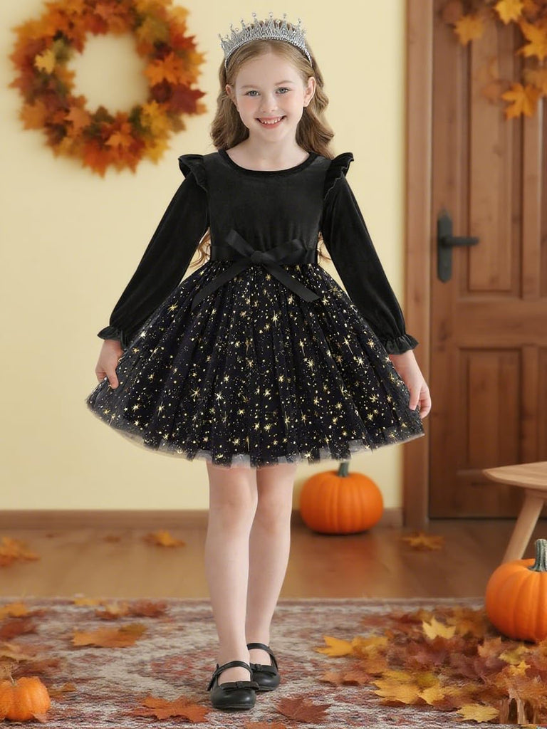 Toddler Girls Tutu Dresses Velvet Tulle Dress with Sequin Long Sleeve Holiday Party Fall Winter Dress