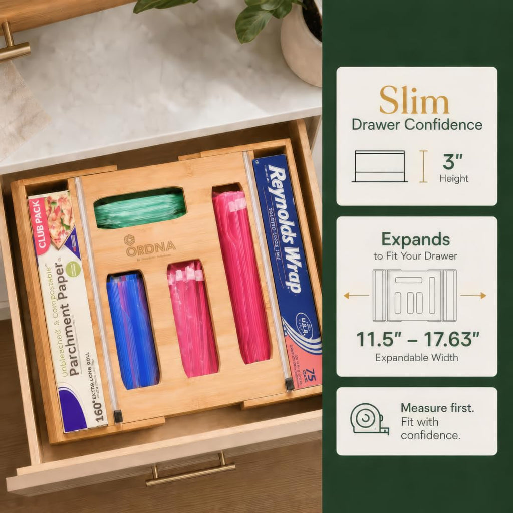 3" Slim 6-in-1 Expandable Storage Bag Organizer Kitchen Drawer - Bamboo Baggie Organizer for Drawer, Aluminum Foil &