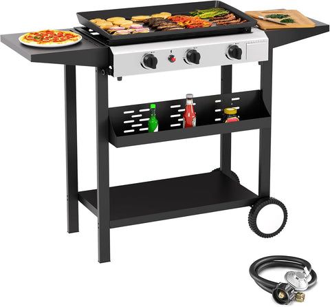 3-Burner Outdoor Propane Gas Griddle, 30,000 BTU Flat Top Grill with Side Shelves for Camping and BBQ