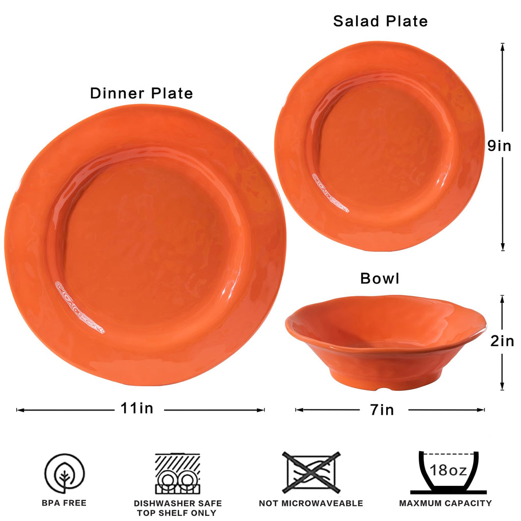 Orange Melamine Dinnerware Set, 12 Piece Kitchen Tableware Plates Bowls Dishes Set, Lightweight Unbreakable