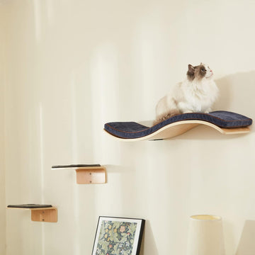 Cat Wall Shelf with Two Steps - Wave Cat Shelves and Perches for Wall - Wall Mounted Cats Furniture for Sleeping