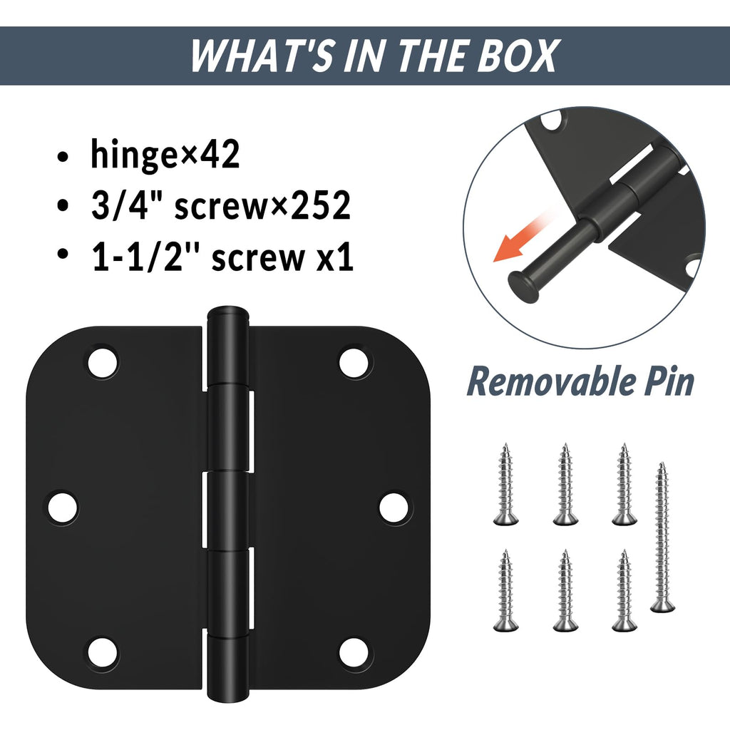 42 Pack 3.5 Inch Matte Black Door Hinges 5/8" Radius Corner, Flat Iron Residential Hardware for Interior Bedroom