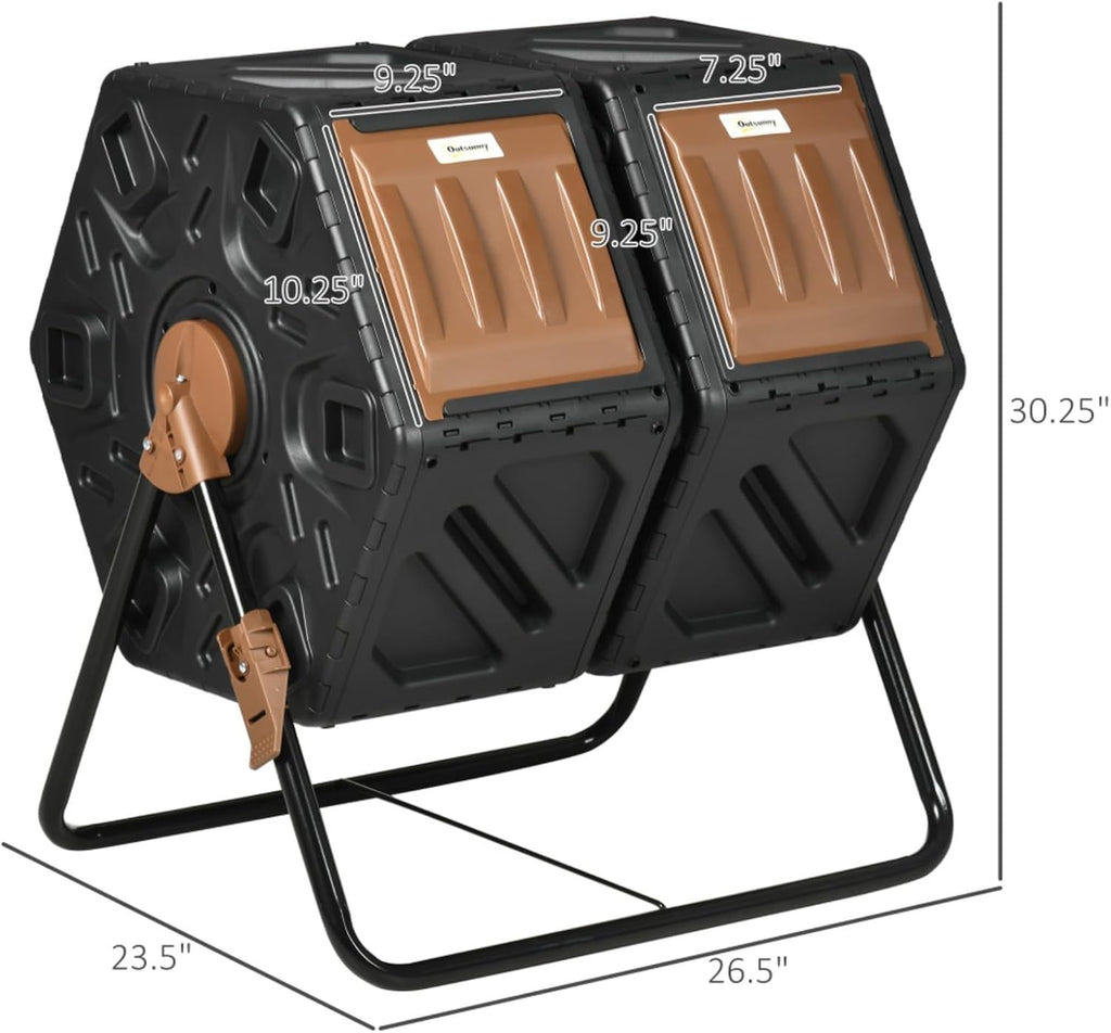 Outdoor Dual Chamber Compost Tumbler Bin with 24 Ventilation Openings and Steel Legs for Garden, Kitchen, Yard