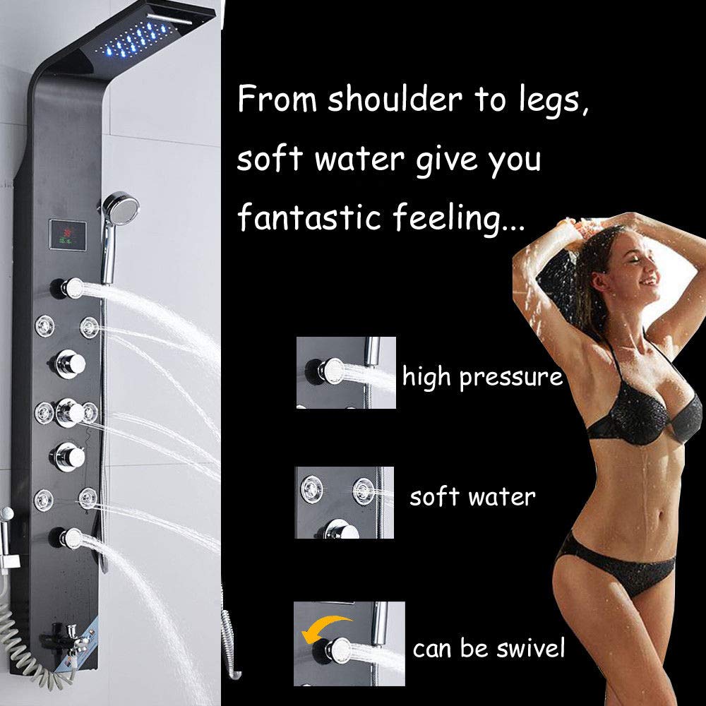 LED Shower Panel Bath Rainfall Waterfall Tower System Body Message Jets Stainless Steel Bathroom Wall Mount Shower