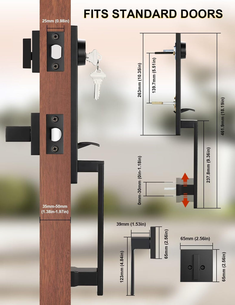 Full Escutcheon HandleSet Front Door Entry Handle and Deadbolt Lock Set Slim Square Single Cylinder Deadbolt and
