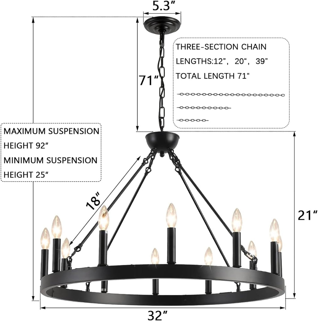 Inspired Camino Style Chandelier - Black Wagon Wheel Chandelier 32 inch,12-Light Farmhouse Wagon Wheel Chandeliers Round Industrial Ceiling Light fixtures for Outdoor Porch high Ceilings Living Dining Room Foyer Entryway A105-B0C6WP8KRW