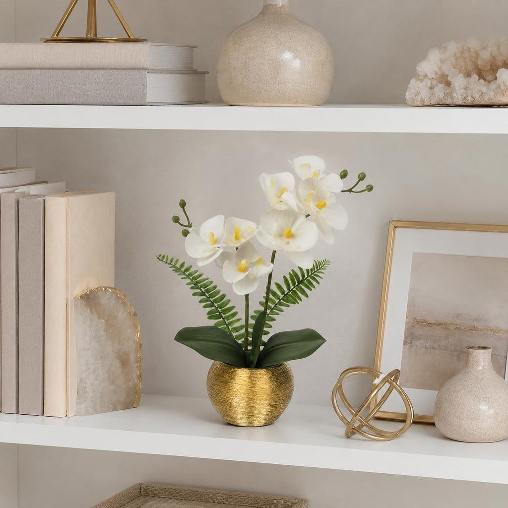 Artificial Orchid Flowers in Gold Ceramic Pot, 13" Small White Faux Phalaenopsis Orchid Floral Arrangement Fake Silk
