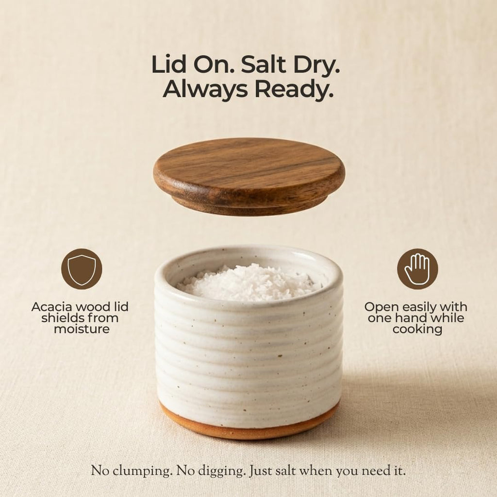 Ceramic Salt Cellar with Acacia Wood Lid & Natural Clay Base