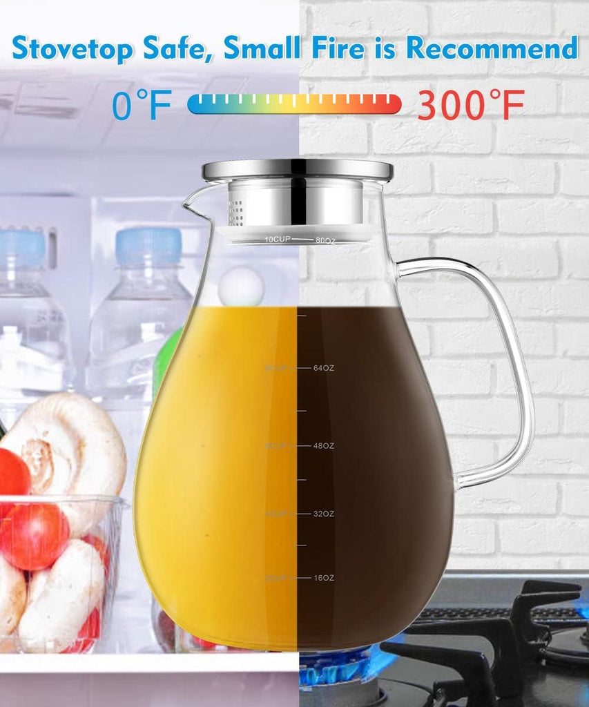 Glass Pitcher, 80oz Water Pitchers with Lid and Spout for Drinks, Hot&Cold Beverage, Juice, Iced Tea Pitcher for