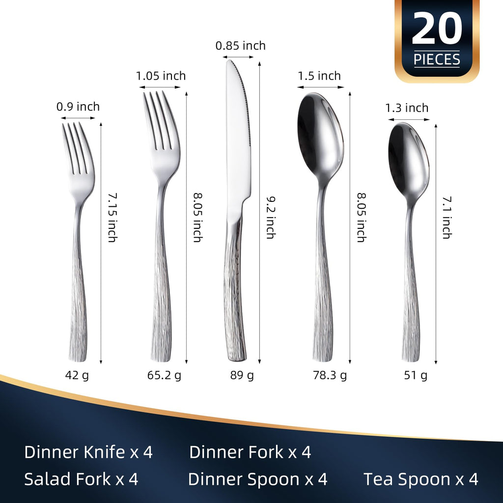 20-Piece Silverware Set for 4, Heavy Duty Stainless Steel Flatware Set with Ripple Handles, Mirror Polished Kitchen