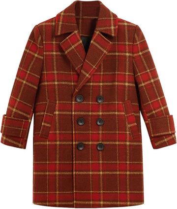 Plaid Trench Coat Girls Boys Wool Blend Pea Coats Notched Lapel Double Breasted Casual Overcoat