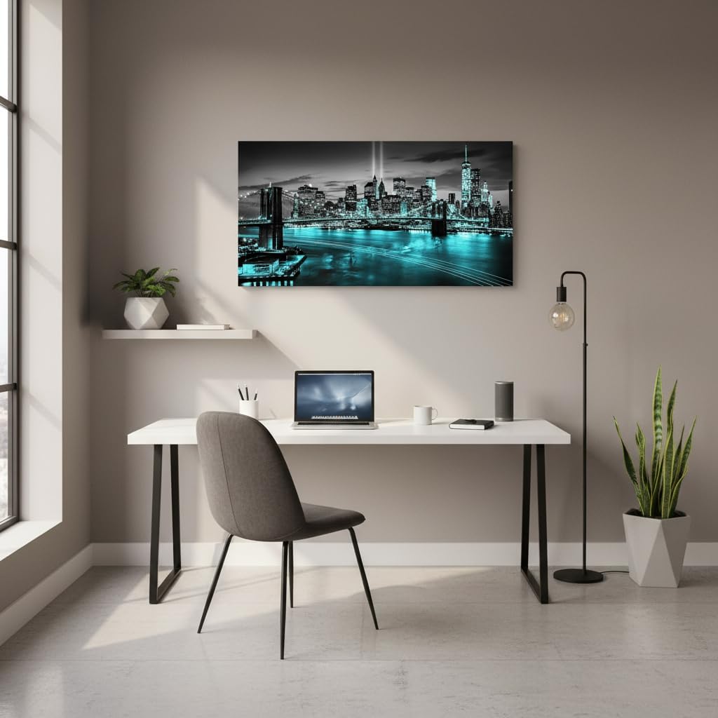 New York City Canvas Wall Art Black White Brooklyn Bridge Pictures Teal NYC Skyline Cityscape Artwork Bedroom Modern