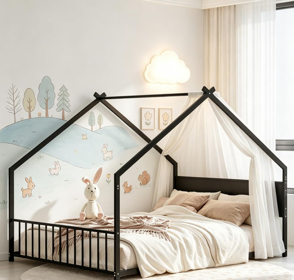 House Floor BedFrame with Slats for Kids, Metal House Bed with high headboard, Black with roof and Lights
