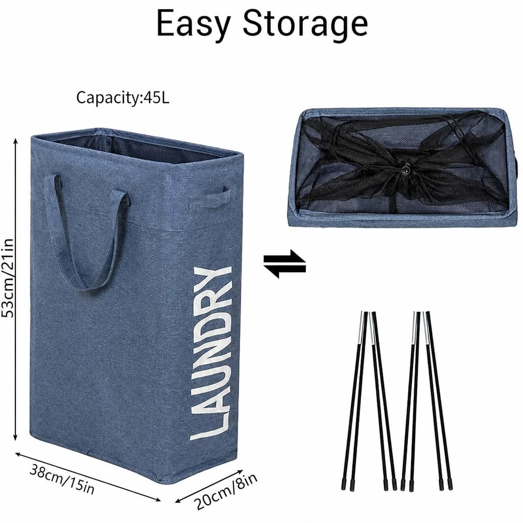 Narrow Laundry Hamper Skinny Laundry Basket 45L Denim Blue 21"