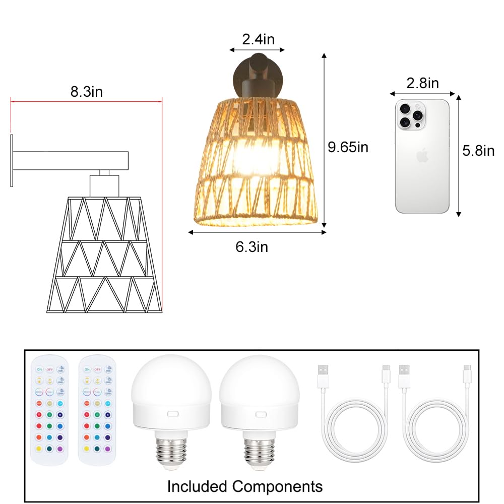 Boho Battery Operated Wall Sconces, Rattan Wall Sconce Set of 2 with Remote, RGB 15 Colors Dimmable Rechargeable Wall