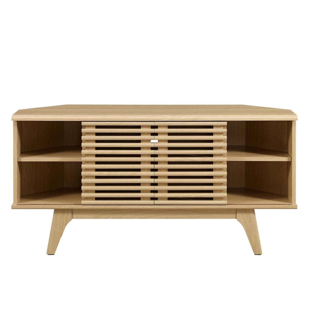 Render Mid-Century Modern Low Profile 46" Corner Media TV Stand in Oak, 15 x 46 x 23