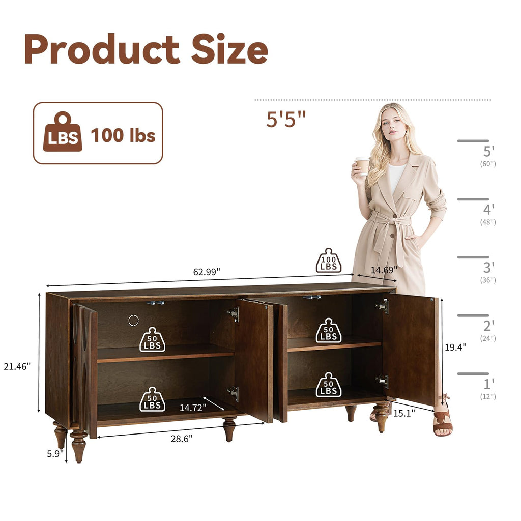 62.99" Sideboard Buffet Cabinet with Storage, Solid Wood Kitchen Storage Cabinet Credenza Accent Console Table with