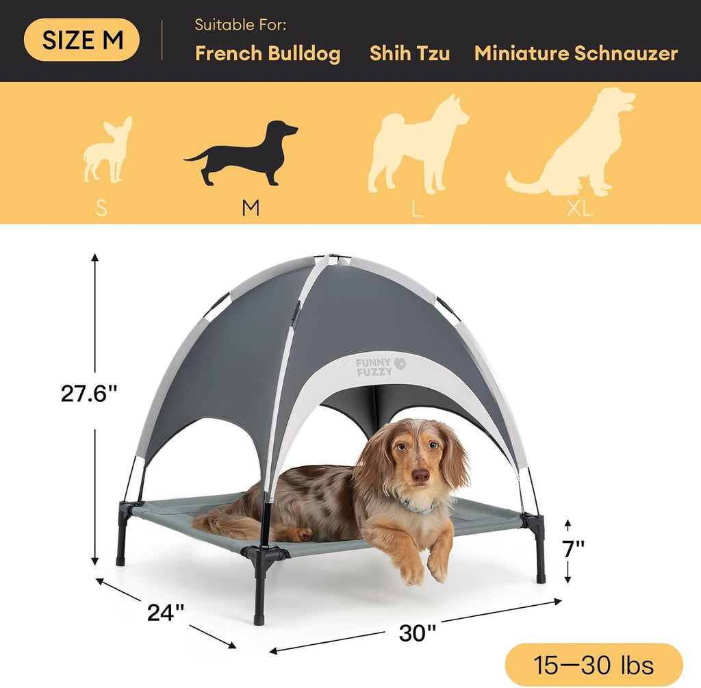 Elevated Cooling Dog Bed with Canopy(30"x24"x7") - Dog Cot Bed for Small, Medium Dogs with UV Shade, Breathable Mesh