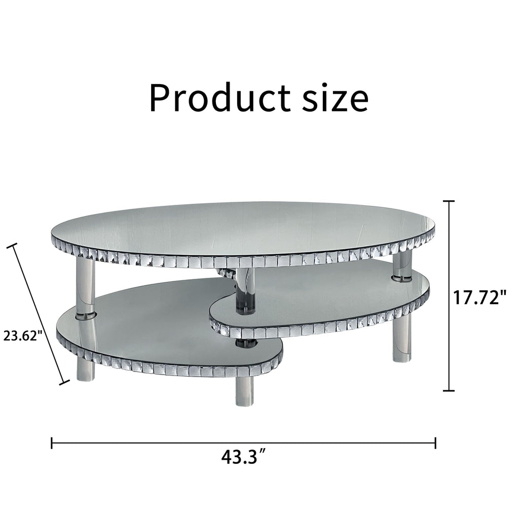 Modern Silver Mirror Coffee Table Luxury 43" Oval Glass Coffee Tables with Crystal Trim and Acrylic Legs Elegant