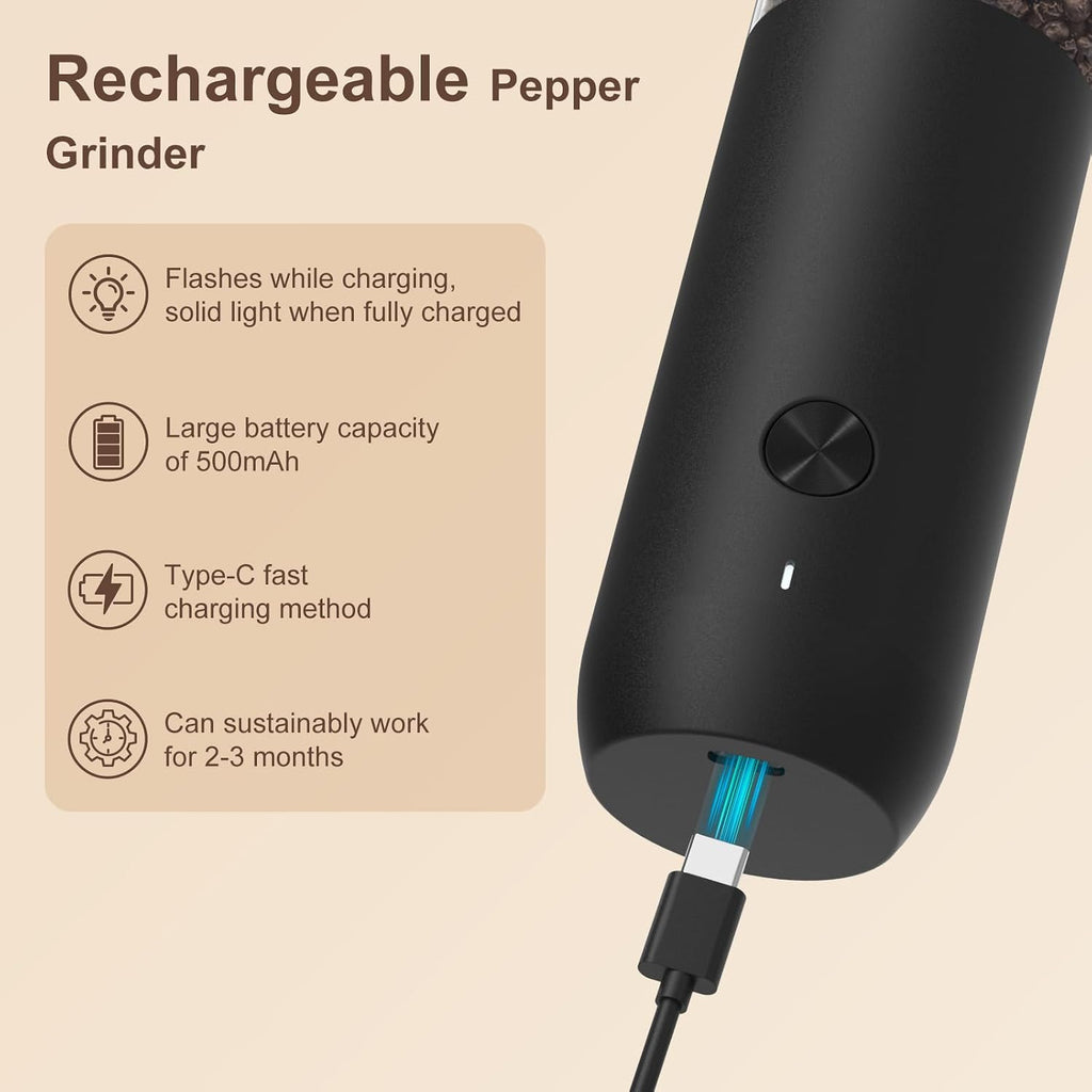 Pepper Grinder, Rechargeable Salt and Pepper Grinder with 6 Adjustable Coarseness, LED Light, Automatic Grinder