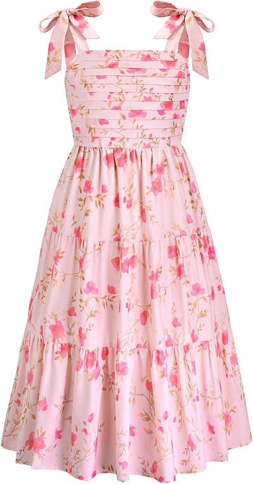 Floral Dress Summer Ruched Flowy Tiered Cami Dresses Beach Vacation Midi Sundress with Pockets