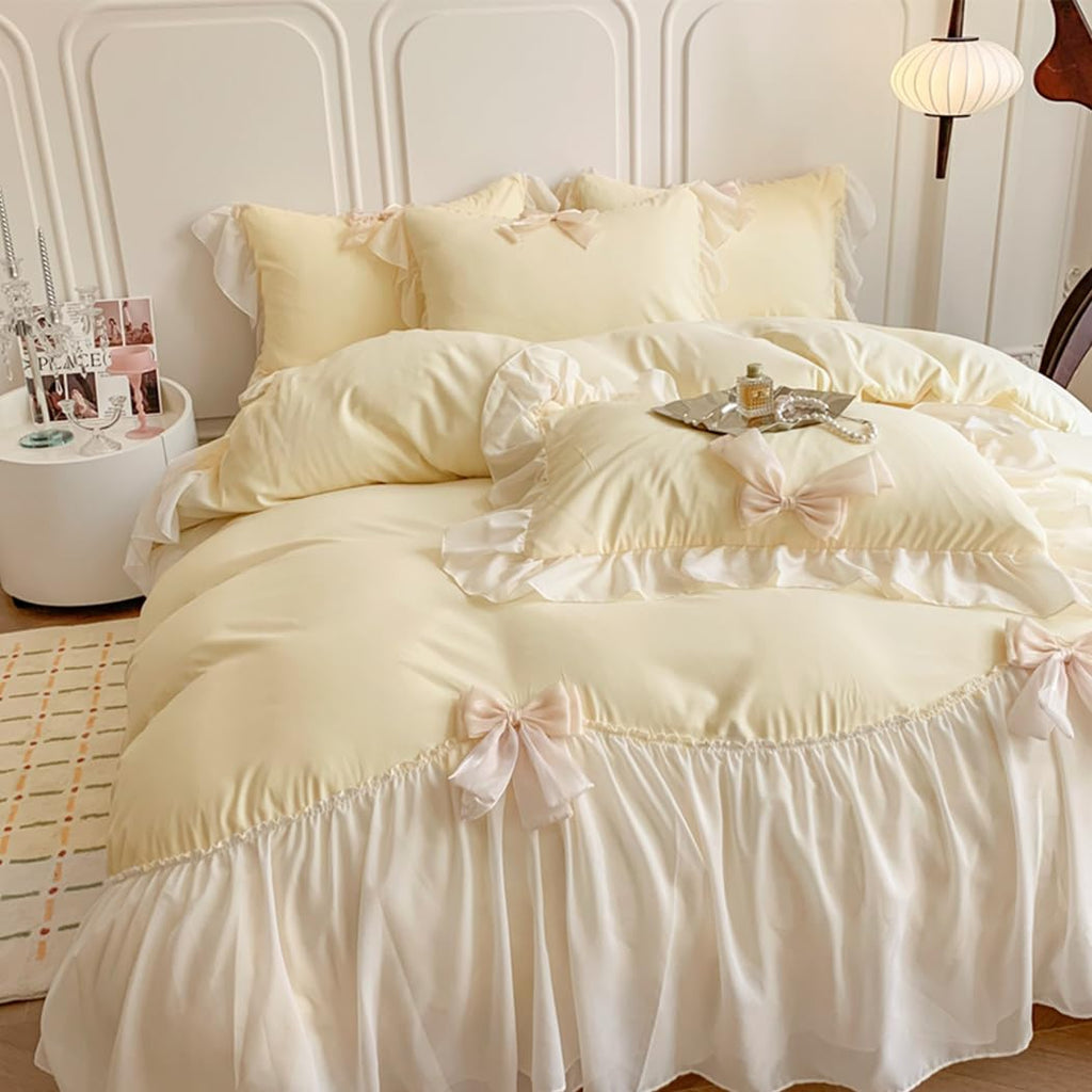 Ruffled Bedding Bow Duvet Cover Set with Butterfly Tie, Comforter Cover Set, Shabby Chic Bedding Set, Romantic