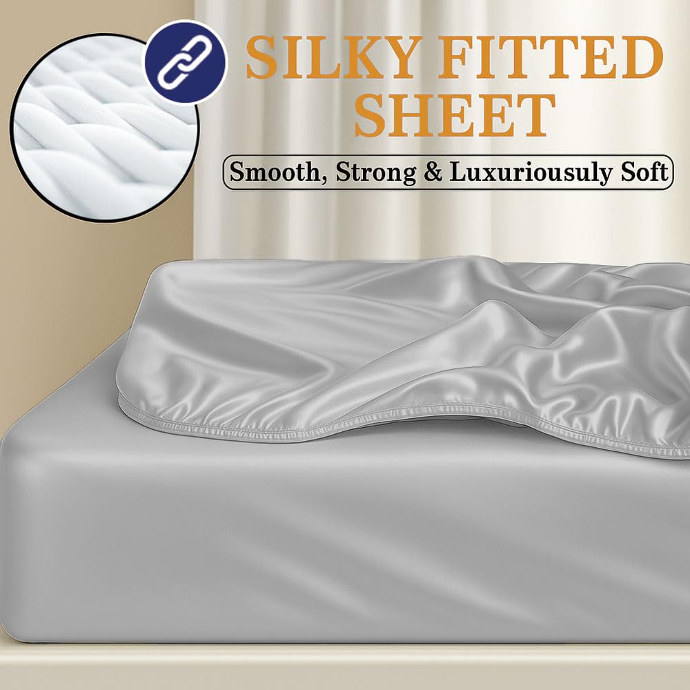 Mulberry Silk Fitted Sheet, 1-Piece Luxury Silk Bottom Sheet with 7-9" Deep Pocket, Soft & Breathable Bedding (
