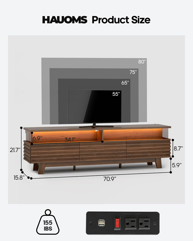 TV Stand with Cable Management, LED, Power Station (Walnut, 70.9")
