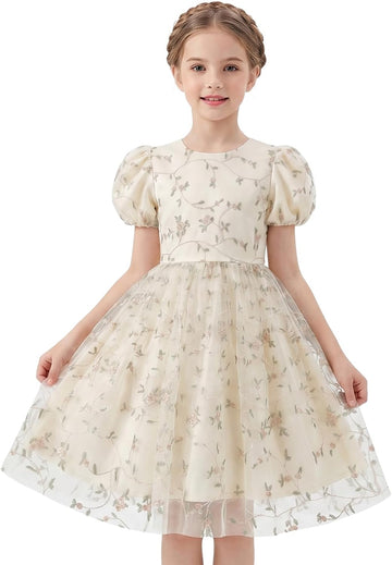 Kids Girls Short Sleeve Embroidery Floral Lace Tulle Dress