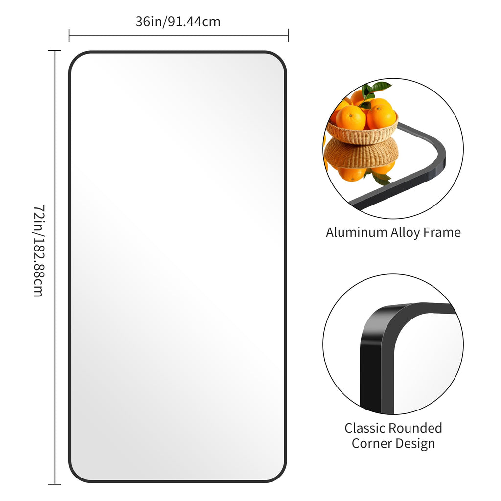 Large Bathroom Mirror 72x36 Inches, Black Oversized Wall Mirror for 2 Sinks Aluminum Frame Full Length Rounded Corner