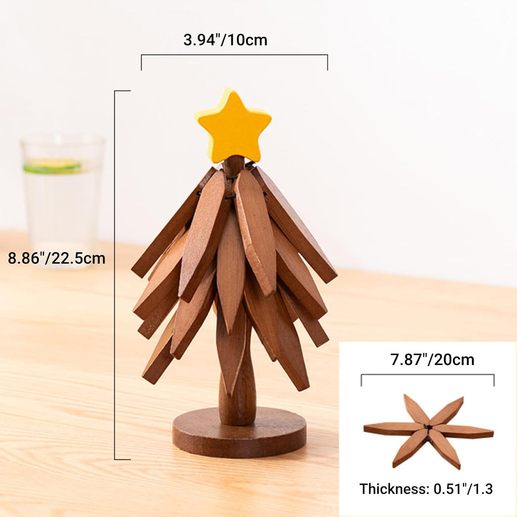 Trivets for Hot Dishes, Upgraded Foldable Wooden Coaster Set Walnut Wood Christmas Tree Trivet Stand Home Decoration