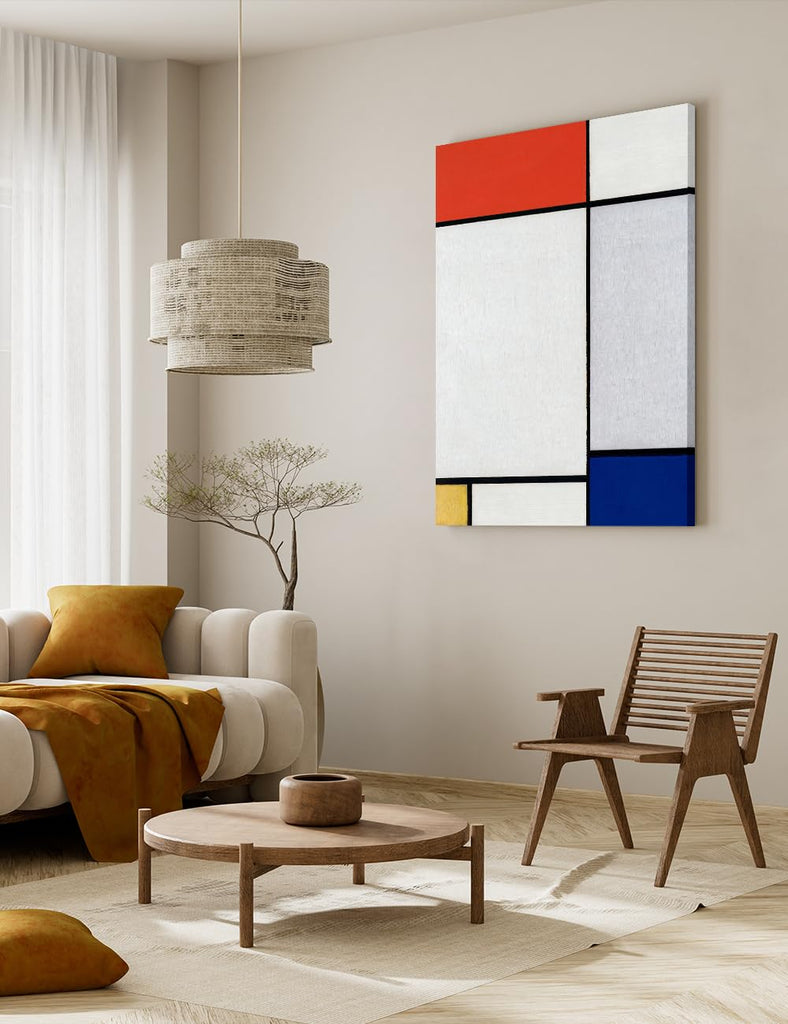 Large Mondrian Wall Art, Composition Red Yellow Blue, Size 36x24 in