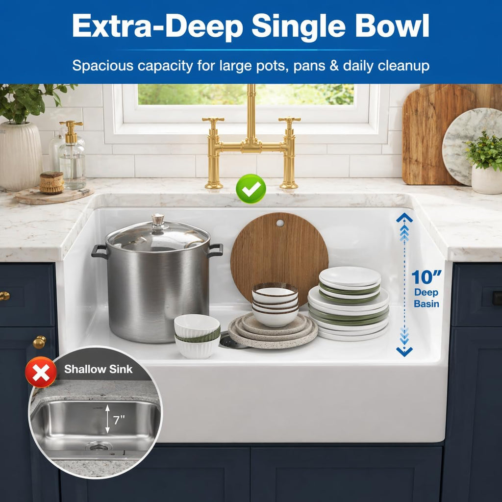 Farmhouse Kitchen Sink 36"x18"x10", Large Deep White Fireclay Single Bowl, Apron Front, Durable & Easy-Clean Ceramic
